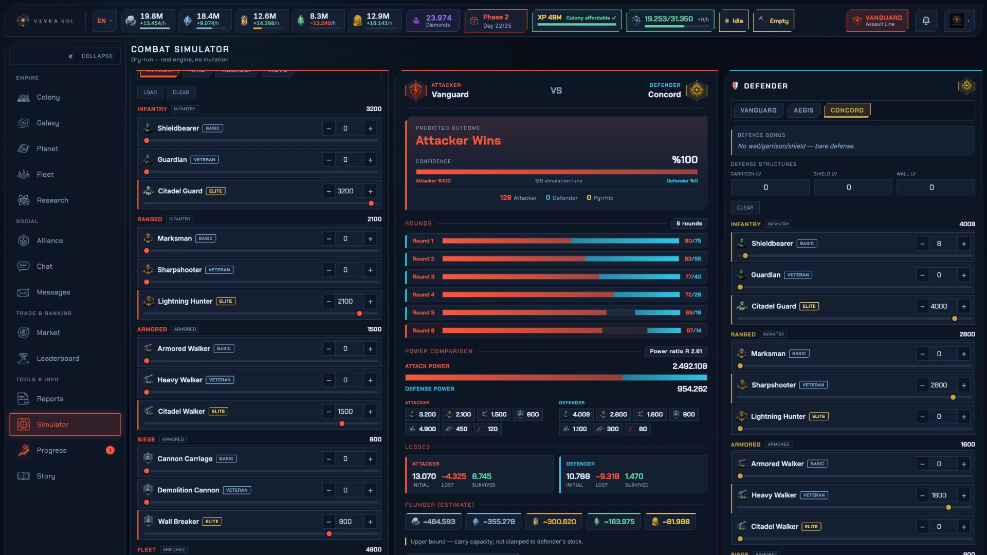 Combat — every engagement resolved and reported